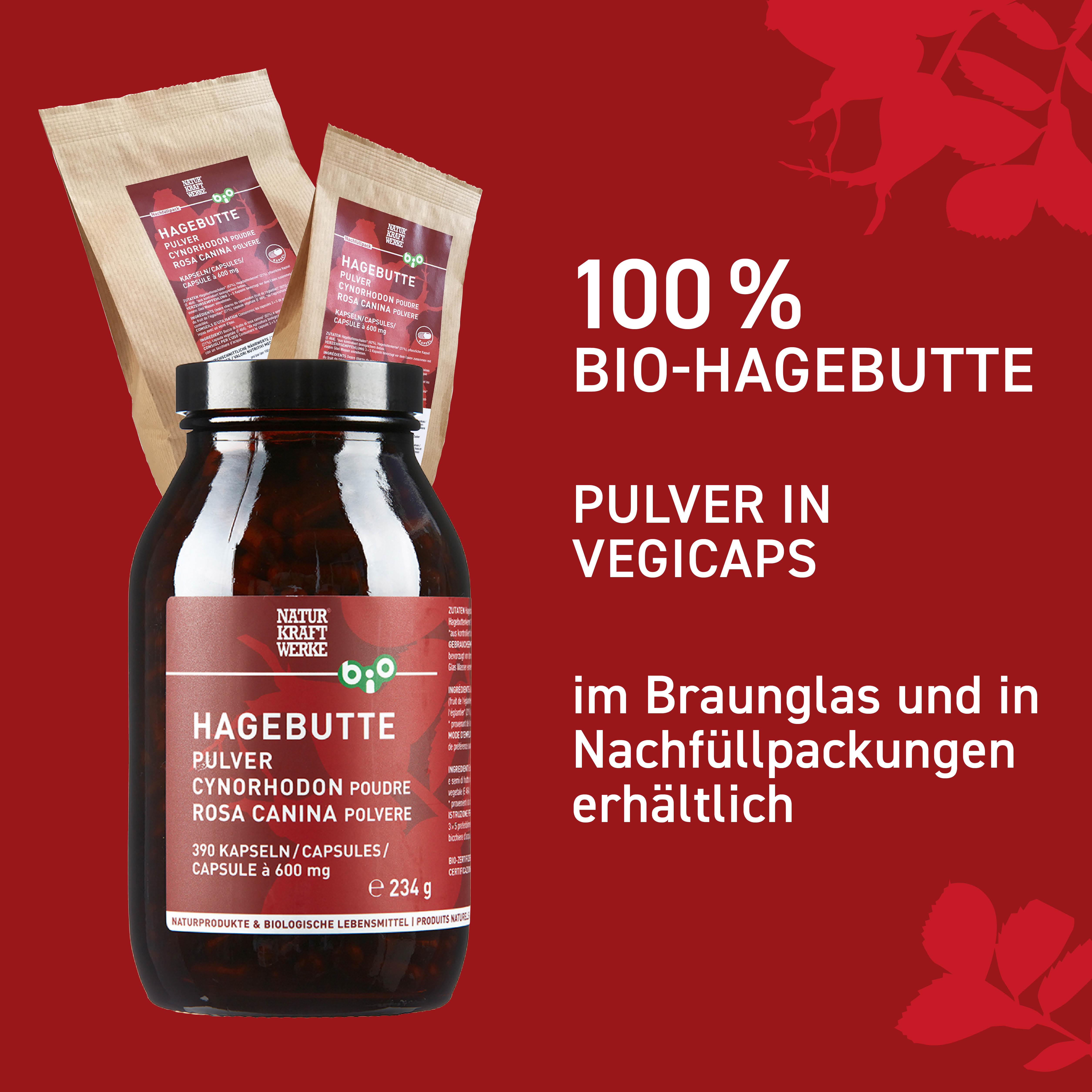 Hagebutte Pulver 1170 Vegicaps à 600 mg Beutel BIO/kbA